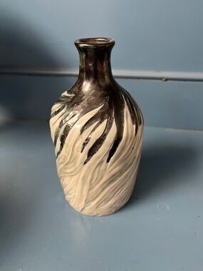 Antique Handcrafted Black and Cream Ceramic Vase